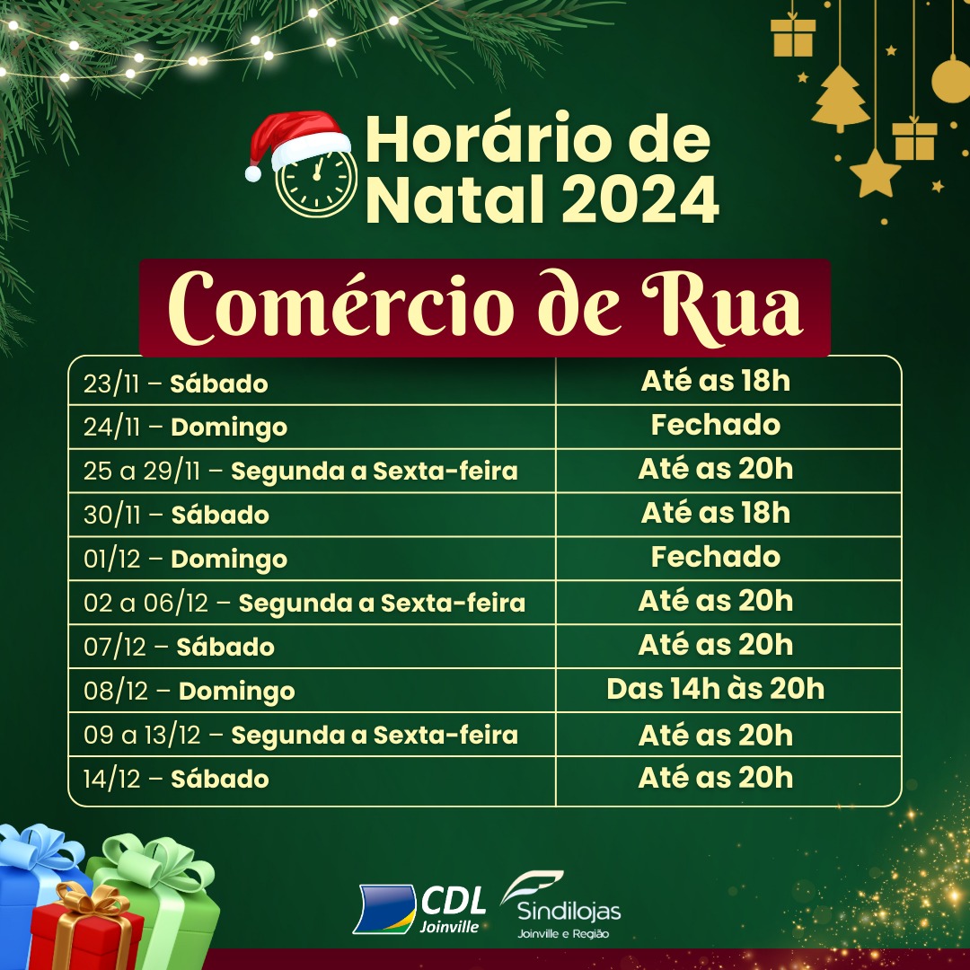 Horário Comércio Natal 2024 - Sindilojas Joinville